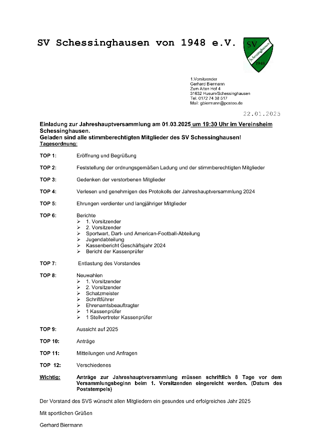 Jahreshauptversammlung 1.03.25 19:30