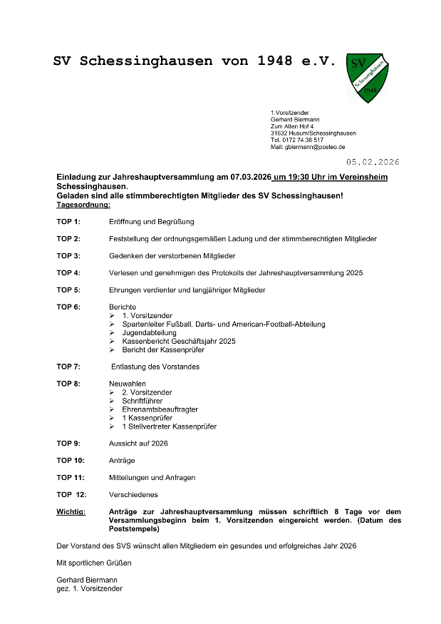 Jahreshauptversammlung 7.03.26 19:30